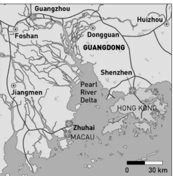Fig. 1. Locations of the major PRD cities, samples were collected in Hong Kong, Guangzhou, Macau, and Zhuhai.