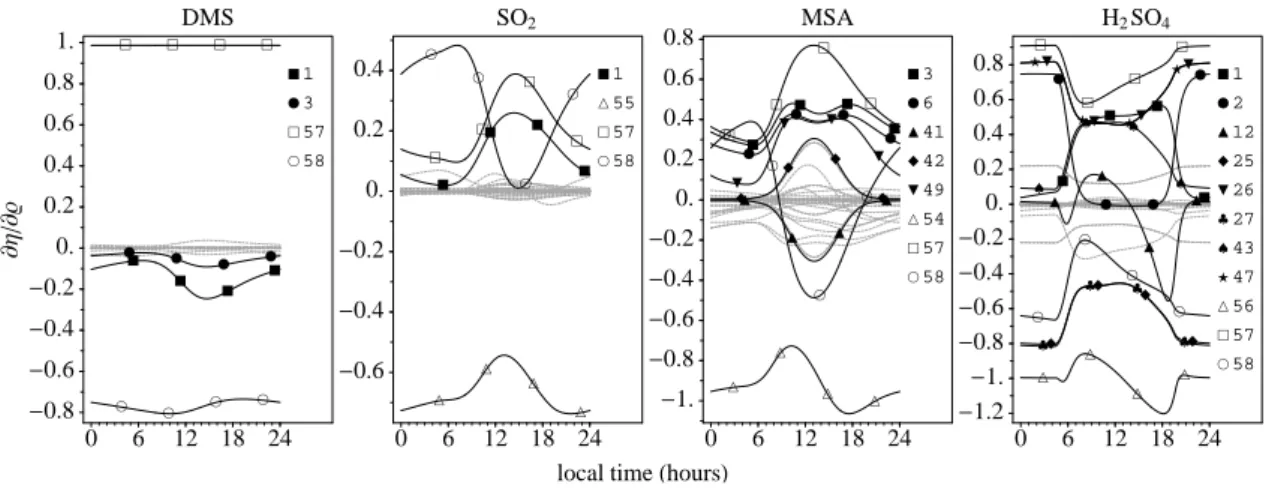 Fig. 5. Diurnal cycles of the first-order local sensitivity coefficients for the DMS-related species calculated using Eq