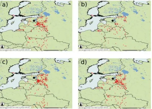Fig. 4. MODIS Firemapper detection for the following days (a) 28 April, (b) 29 April, (c) 30 April, (d) 1 May