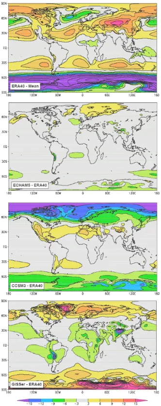 Fig. 1. Mean sea level pressure fields for March 1960–2000. Upper panel: ERA-40 deviations from the global mean pressure