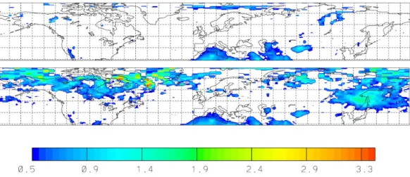 Fig. 10. TOMS aerosol index averaged from May to October 1997 (top) and 1998 (bottom).