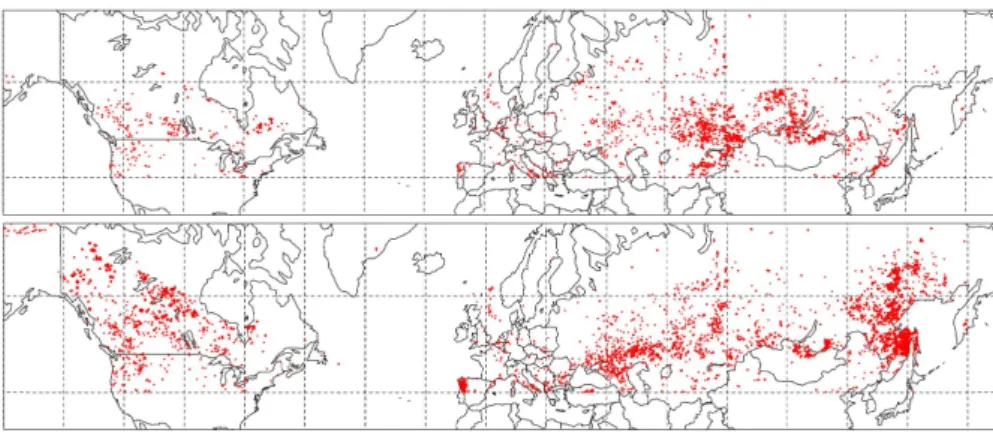 Fig. 3. ATSR hot spots summed from May to October of 1997 (top) and 1998 (bottom).