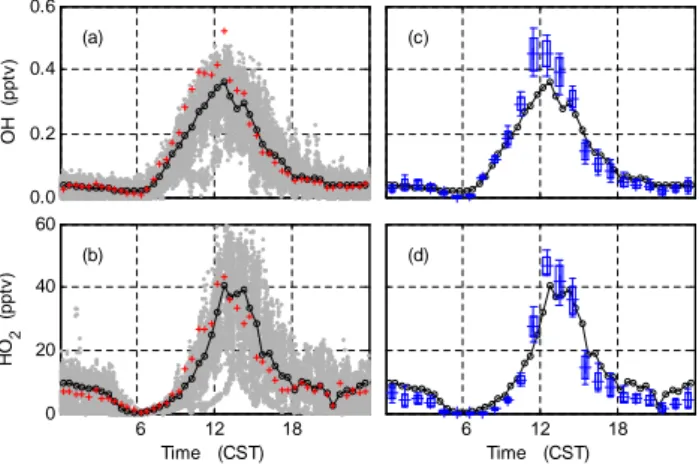 Fig. 10. Diurnal variation of OH and HO 2 for MCMA between 11 April and 21 April. (a): OH – measured (solid line) and modeled (plusses); (b): HO 2 – measured (solid line) and modeled (plusses);