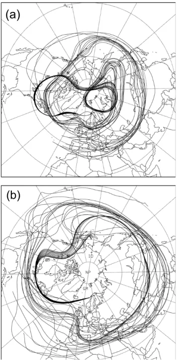 Figure 12  Fig. 12. Ensemble of 20-day backward trajectories for Geophys- Geophys-ica’s position at 360 K for 23 January 2003 (a)