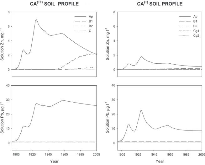 Fig. 3. Zinc and lead concentrations in soil solution for horizons of the CA (þþ) and CA (þ) soils between 1900 and 2005, estimated with Hydrus-2D using the two-site model with adjusted l values.