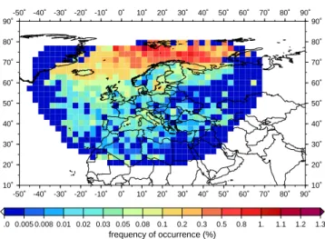 Fig. 1. Map of the frequency of occurrence of ice supersaturation in the TOVS UTHi product obtained from HIRS/2 channel 12 radiance which is sensitive to altitudes between about 300 and 500 hPa.