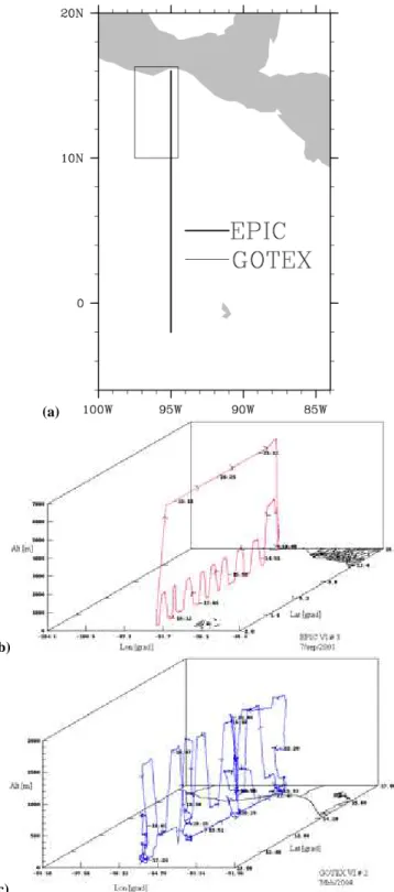 Fig. 1. (a) Geographical location of the region of study. Examples of flight patterns from (b) EPIC and (c) GOTEX.