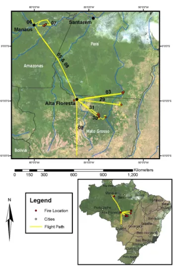 Fig. 1. The TROFFEE flight tracks and the locations of the fires sampled.