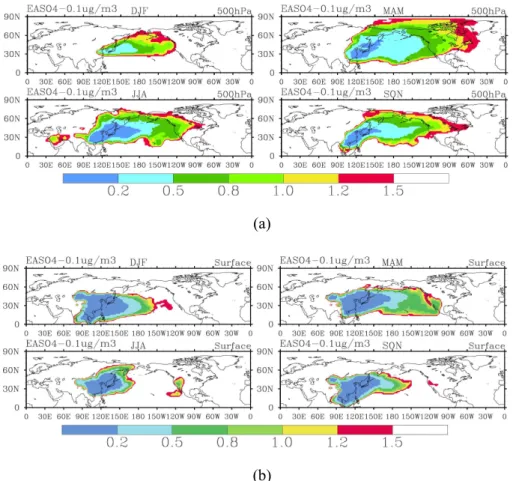Fig. 6. Areas where at least 0.1 µg m −3 of sulfate is contributed from EA (A EA0.1 ) at (a) 500 hPa, (b) the surface over the same seasons as in Fig