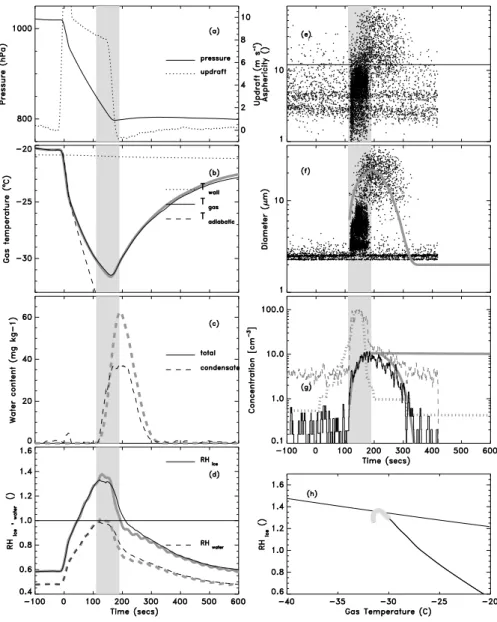 Fig. 7. Temperature regime IV: One nucleation mode, liquid water observed. Model-observation comparison for Asian dust (Expansion 19).