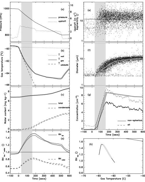 Fig. 4. Temperature regime I: Single nucleation mode. Model-observation comparison for Saharan dust (Expansion 45)