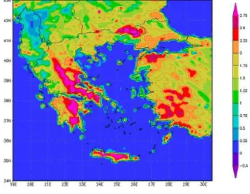 Fig. 8. Short wave radiation reaching the surface at three grid points, one in the centre of Athens (37.975 ◦ , 23.732 ◦ ) and the  oth-ers at Kastelorizo (36.015 ◦ , 29.583 ◦ ) and Thessaloniki (40.633 ◦ , 22.950 ◦ ) for the non-eclipse (control) and ecli