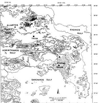 Figure 1: Map of the area including the rural station of Aliartos and the Athens basin  with elevation contours at 200m intervals