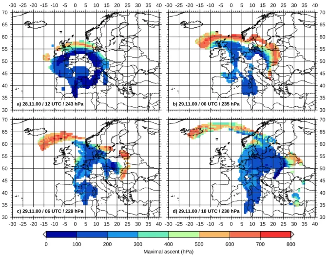 Fig. 10. The maximal ascent of 48 h trajectories (24 h in the upper left panel) are shown for some of the ISSR areas of Figs