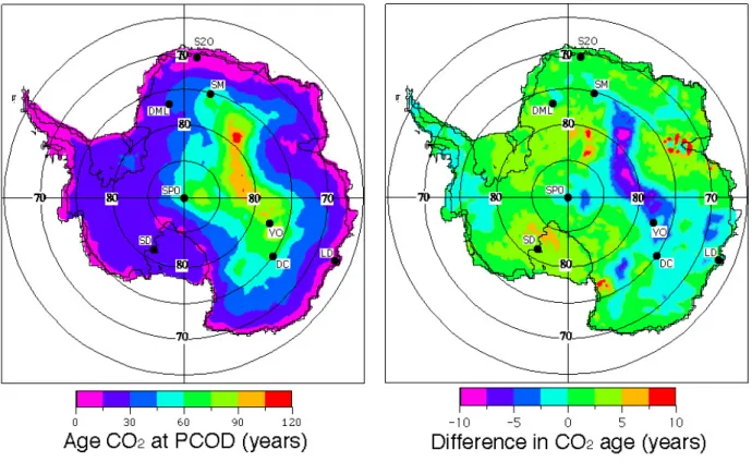 Fig. 9. (A)The effective CO 2 age at PCOD in years for the entire Antarctic continent using the Herron and Langway density model