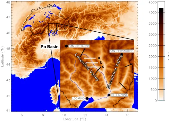 Fig. 1. Investigated valleys in southern Switzerland. White solid lines a–c indicate lidar tran- tran-sects above the Leventina Valley