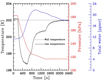Fig. 2. Modeled cooling period of the case study starting at T = 202 K, p = 180 hPa, and q = 11 ppmv