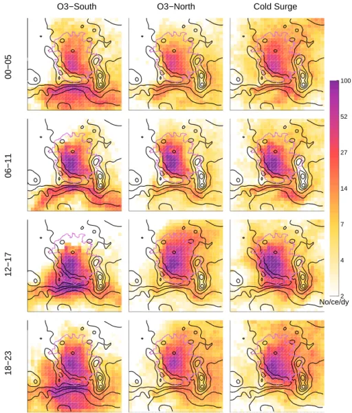 Fig. 8. Column “concentration fields” by time of day and by episode for CO tracers for the small domain