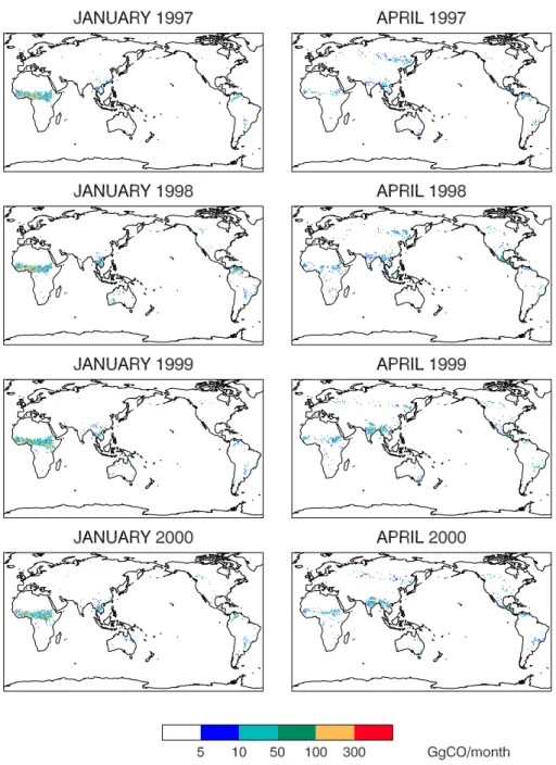 Fig. 3. Monthly global 1 ◦ × 1 ◦ emissions of carbon monoxide from forest and savanna burning for January and April 1997–2000 after applying the scale factors derived from the ATSR active fire observations (unit: GgCO/month)