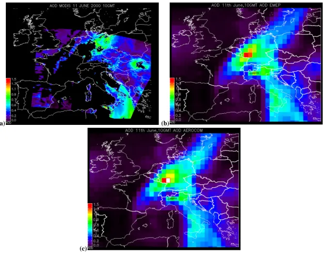 Fig. 4. AOD over Europe for 11 June 10:00 GMT, 2000 by MODIS (a), AOD by S EMEP (b) and S AERO (c)
