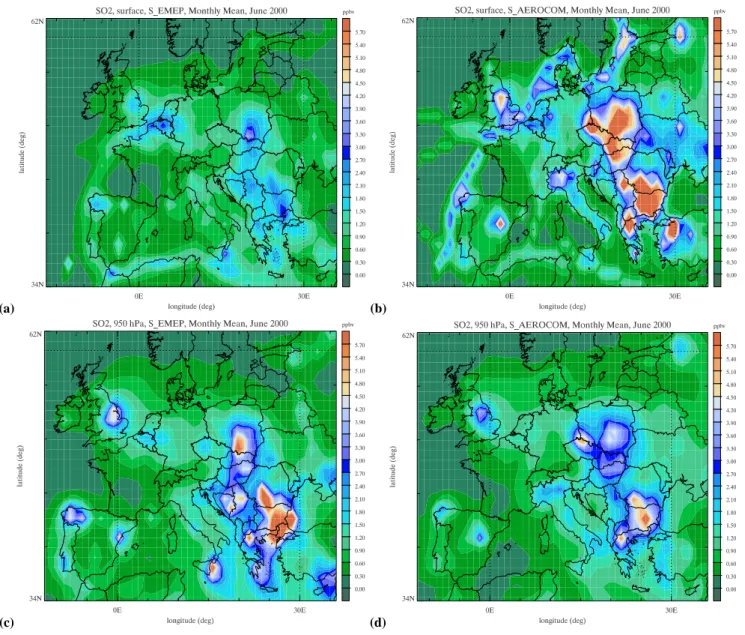 Fig. 2. Monthly SO 2 distribution by S EMEP and the S AERO at surface level (a and b, respectively) and 950 hPa (c and d, respectively) for June 2000.