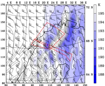 Fig. 1. Hindcast of air temperature at 50 mbar for 18:00 UTC, 8 February 2003 from the MM5 mesoscale model