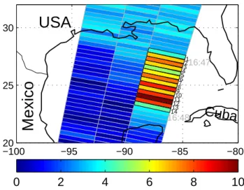 Fig. 1. GOME NO 2 TSCDs (10 15 molec/cm 2 ) on 30 August 2000 in the Gulf of Mexico. From 16:47–16:48, a series of 14 eastern  pix-els (marked in black and numbered) shows enhanced values above 4 × 10 15 molec/cm 2