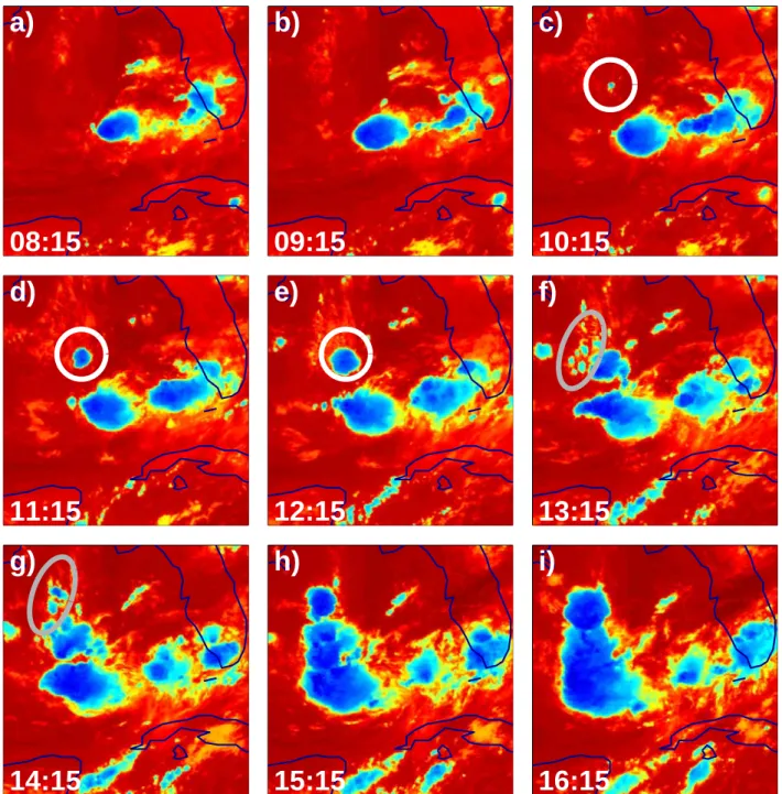 Fig. 4. Evolution of the convective complex as monitored by GOES CTT measurements (all times UTC)