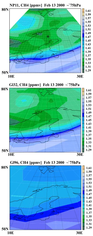 Fig. 4b. Horizontal field of CH 4 [ppmv] around Kiruna on 13  Febru-ary 2000, at a pressure level of  ap-proximately 75 hPa
