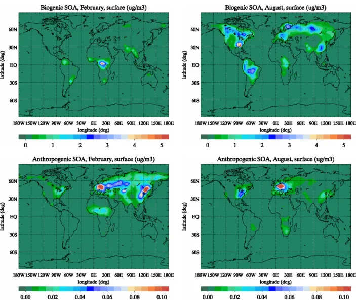 Fig. 3. Calculated surface SOA concentrations for case S1, both biogenic (SOAb in µg m −3 , top panels) and anthropogenic (SOAa in µg m −3 , bottom panels) components, for February (left panels) and August (right panels).