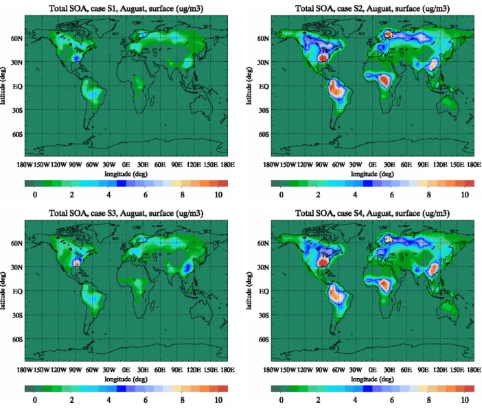 Fig. 4. Comparison of the total SOA concentrations in µg m −3 (sum of biogenic and anthropogenic) of cases S1 (top-left panel), S2 (top-right panel), S3 (bottom-left panel) and S4 (bottom-right panel) for August.