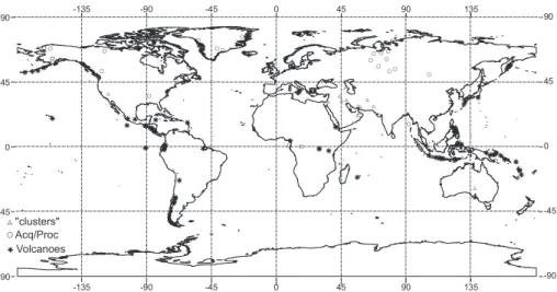 Fig. 4. Location of the major anomalous space-time clusters of observations, of data acquisi- acquisi-tion/processing errors, and of observations resulting from volcanic activity.