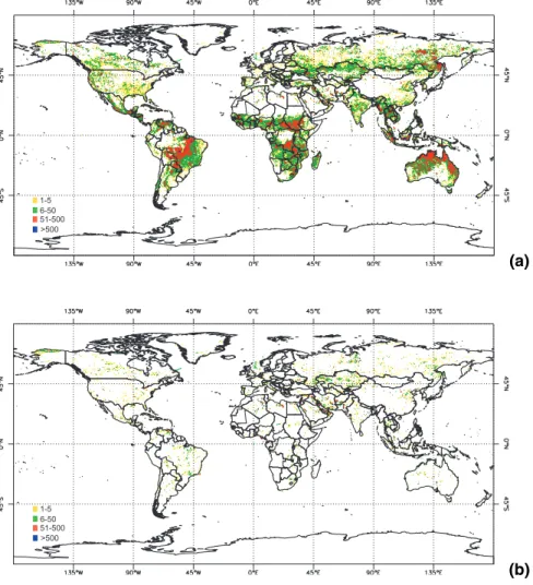 Fig. 5. Global maps of original WFA fire counts (a), data removed from the WFA (b), and screened data set (c).