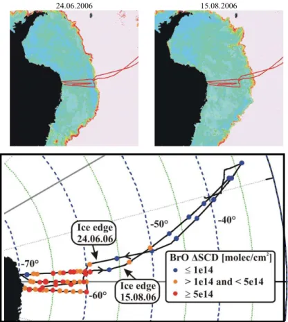 Fig. 5. Top: area of first year sea ice for 24 June 2006 and 15 August 2006 (sea ice data are from the web page of the sea ice group of the National Centers for Environmental Prediction (NCEP) and the Marine Modelling and Analysis Branch (MMAB) (http://pol