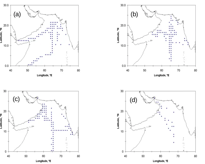 Fig. 2. Seasonal maps of N 2 O pixels. (a) DJF, (b) MAM, (c) JJA, and (d) SON.