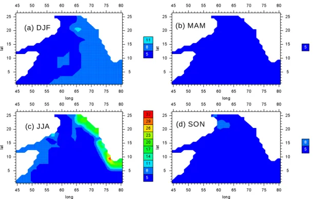 Fig. 3. Seasonal maps of the final N 2 O 1 ◦ × 1 ◦ fields (in nmol L −1 ). (a) DJF, (b) MAM, (c) JJA, and (d) SON