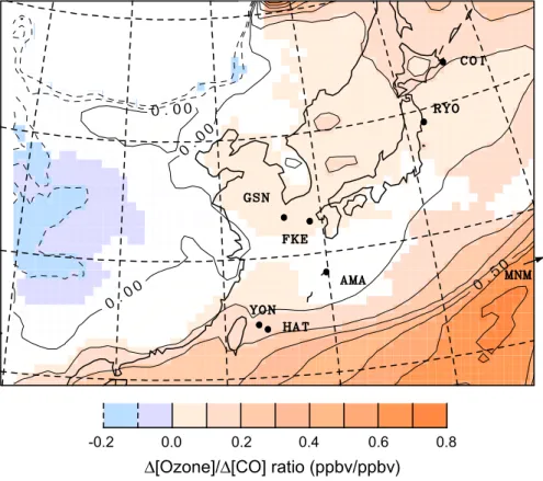 Fig. 9. Spatial distribution of simulated ∆ O 3 / ∆ CO ratios for March 2005. Assimilated CO data are used