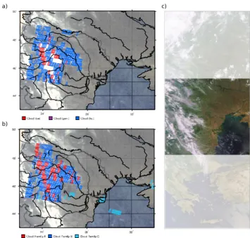 Fig. 2. Cloud classification for Southeast Europe and Black Sea. (a) Cloud classifications from SPICS with underlying MERIS true color image with low spatial resolution; (b) MERIS results after classifications into three altitude families and gridding (see