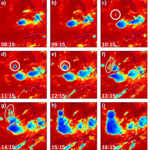 Fig. 4. Evolution of the convective complex as monitored by GOES CTT measurements (all times UTC)