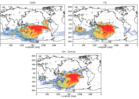 Fig. 3. Density of trajectories arriving above Tahiti, Fiji and Am. Samoa during September 1999 while residing in the planetary boundary layer.