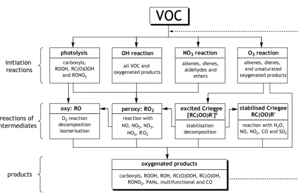 Fig. 1. Flow chart indicating the major reactions, intermediate classes and product classes considered in the MCM protocol (see text).