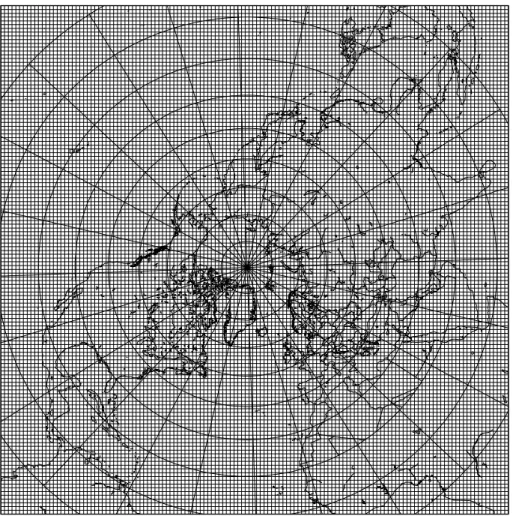 Fig. 1. The DEHM-POP model domain and horizontal grid: A polar stereographic projection with a resolution of 150 km×150 km at 60 ◦ N.
