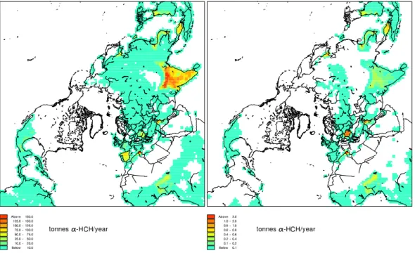 Fig. 2. Emissions of -HCH for 1990 (left) and 2000 (right) (Li et al., 2000). The data are redistributed to the DEHM-POP model grid.