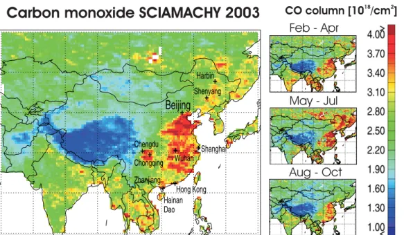 Fig. 9. Year 2003 SCIAMACHY/WFM–DOAS version 0.5 CO over China including seasonal variation (right)