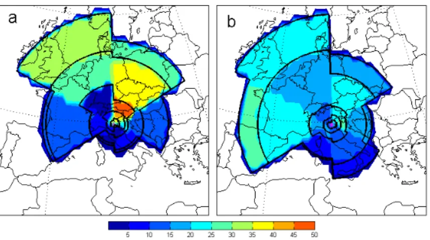 Fig. 8. Frequency (%, color) of the location of an air parcel in di ff erent direction sectors between the reference back time steps (contour line for −12 h, −24 h, −48 h, −72 h, −96 h) for event (a) and nonevent (b) for the whole period of measurements.