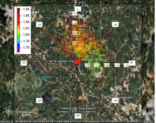 Fig. 2. Wind rose plot showing methane (coloured markers and scale), wind speed (radii) and wind direction (angle) in Hyyti ¨ala during the campaign (Map courtesy of Google Earth TM mapping service)