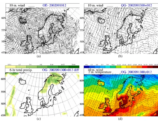 Fig. 10. Specific case of 10 September 2002 – meteorological fields: (a) analysed wind at 10 m for 10 September 2002, 12:00 UTC (DMI-HIRLAM, E-version), (b) forecasted wind at 10 m for 13 September 2002, 12:00 UTC (DMI-HIRLAM, G-version), (c) forecasted 6-