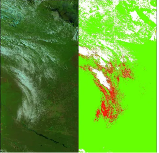 Fig. 5. AATSR scene over land on 8 March 2006 showing APOLLO misclassifications. Green pixels are cloud-free land, white pixels are clouds detected by the original APOLLO scheme and red pixels show clouds only detected by the additional cloud detection sch