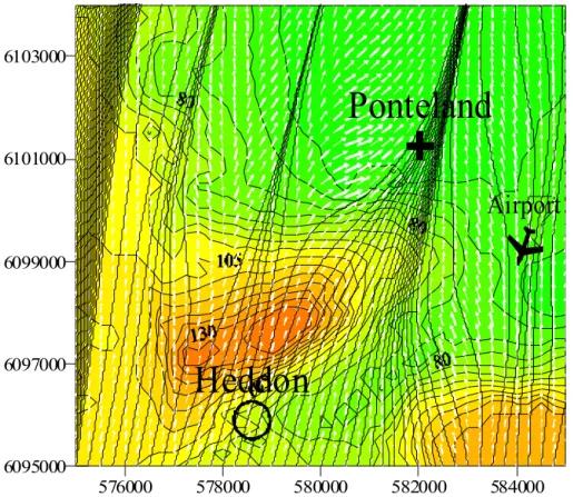 Fig. 4. Lincom-T model output (a stable stratified case). LINCOM-T predicted wind field over Northumberland for the period between 9 February and 10 February, where the atmosphere’s stratification was very stable, and winds of low speed prevailed from a so