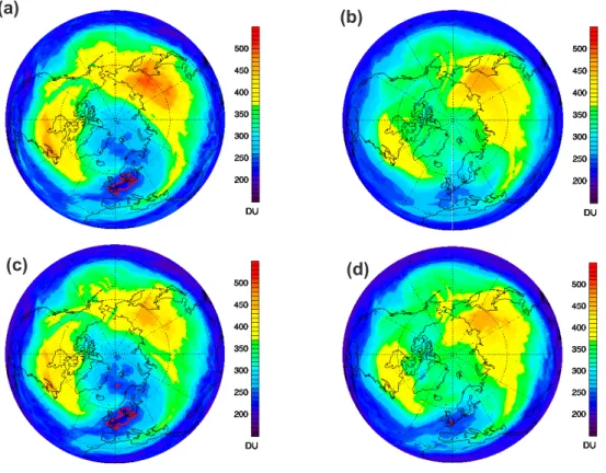 Fig. 12. (a) T239L54 NOGAPS-ALPHA total ozone at hour 96 of 5-day simulation initialized 0 Z 11 January 2003 (valid 0 Z 15 January) with NASA GEOS4 ozone analyses and using the CHEM2D photochemistry scheme; (b) total ozone from corresponding 96-h operation